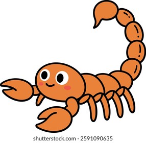 A playful orange scorpion with a friendly smile and oversized claws appears lively and inviting in a minimalist style.