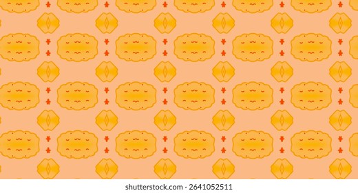 Playful orange seamless pattern with smiling clouds, stylized gems, and small accents. Warm, cheerful design great for children’s products and playful decor.