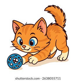 Playful Orange Tabby Kitten Cartoon with Blue Eyes Pouncing on a Yarn Ball, Pure Cuteness