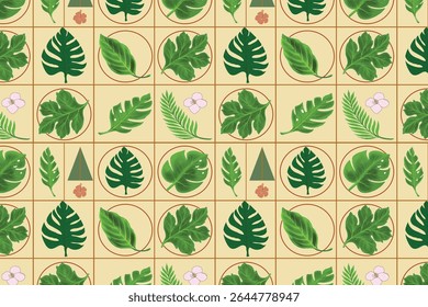 A playful, organized botanical pattern featuring assorted tropical leaves, flowers, and geometric shapes arranged in a soft tan grid. Each square is adorned with lush green foliage, such as monstera, 