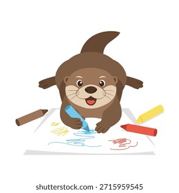Una nutria juguetona está dibujando en un pedazo de papel con crayones azules, rojos y amarillos.