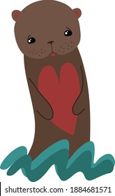 A playful otter pops out of water holding a red heart, symbol of love and friendship. A hand drawn animal vector illustration suitable for postcards, stickers, Saint Valentine or birthday designs.