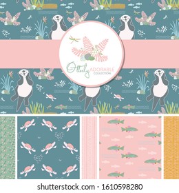Playful Otters with Coordinating Seamless Patterns