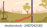 Playful Outdoor Scene Featuring Tall Poles With Red Ribbons Waving In The Breeze. Background Showcases A Green Park