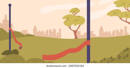 Playful Outdoor Scene Featuring Tall Poles With Red Ribbons Waving In The Breeze. Background Showcases A Green Park