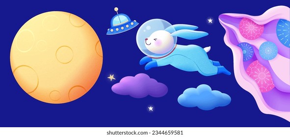 Playful outer space elements isolated on dark blue background. Rabbit in space suit, full moon, spaceship and layer cloud with round flower pattern.