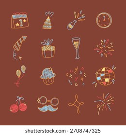 Un divertido juego de doodle con símbolos de la celebración de la Nueva Nochevieja como fuegos artificiales, champán, bola de discoteca, reloj de cuenta regresiva y artículos festivos para fiestas. Perfecto para diseños navideños y divertido gráfico de eventos