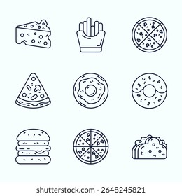 A playful Outline icon illustration of popular snacks and fast food including pizza, fries, cheese, egg, burger, donut, and taco. Bright colors and clean lines make it perfect for food delivery apps