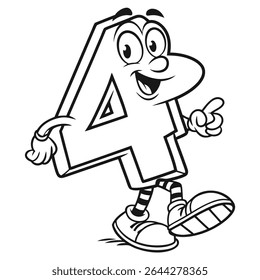 Playful outlined cartoon character of the number four smiles widely, points forward, and cheerfully walks along, bringing a fun and educational visual to your project.