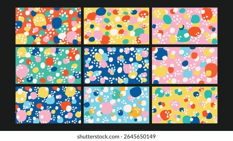 Playful, overlapping blobs and sprinkle-like dots in vibrant colors on orange and red tones, perfect for creative, fun, or kid-friendly projects.