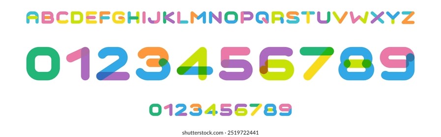 Playful overlapping geometric numbers and letters, vibrant layered font for kid sports branding, colored jersey numbers, joyful team merchandise. Vector typeset