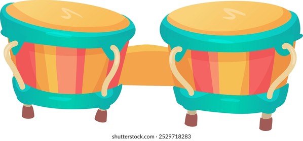 A playful pair of hand drums featuring bright colors and intricate patterns sits prominently. The drums invite engagement and evoke a joyful musical atmosphere.