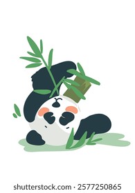 Playful panda chewing bamboo, vector illustration