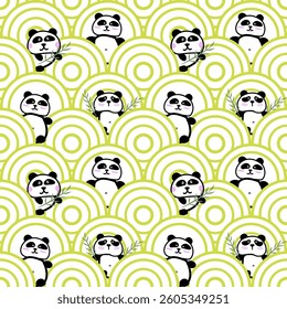 Playful Panda Pattern with Green Swirl Background
