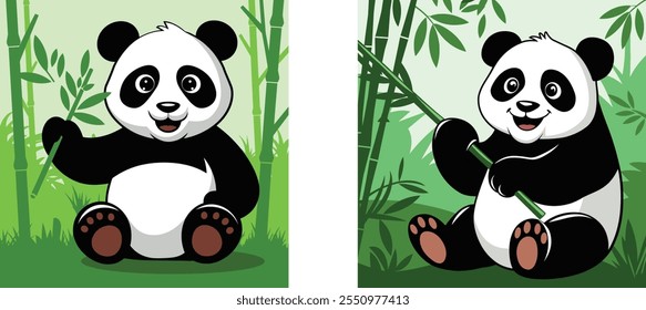 Silhueta de panda brincalhão segurando bambu no fundo branco, ícone do panda vetor arte ilustração design set, conjunto de silhueta panda, conjunto de logotipo panda