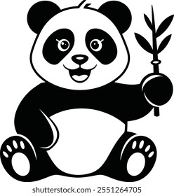 Playful Panda Silhouette Holding Bamboo on White Background, Panda icon vector art illustration design, Panda silhouette, Panda logo