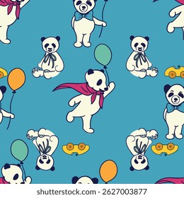 Playful Panda Vector Seamless Pattern Set for Kids Balloons Costumes and Birthday Fun