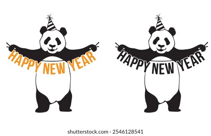 Playful Pandas Wishing You a Happy New Year. panda vector.