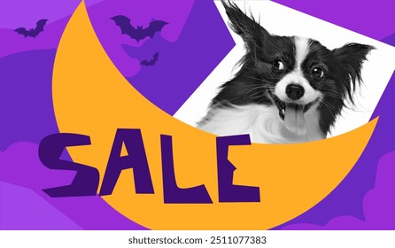 Playful Papillon dog peeking out from moon, surrounded by bats and the word SALE promoting Black Friday shopping deals for Halloween. Vector illustration. Concept of shopping, Black Friday, sales