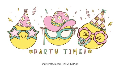 Playful Party New Year and Birthday Emoji Smile Face Doodle Set Retro in Pastel Tones
