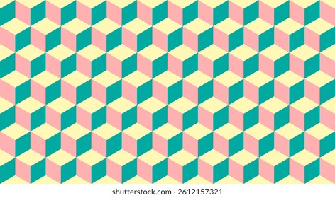 Playful pastel cube pattern in isometric style, featuring yellow, green, and pink. Perfect for modern branding, fashion, kids’ products, or UI designs