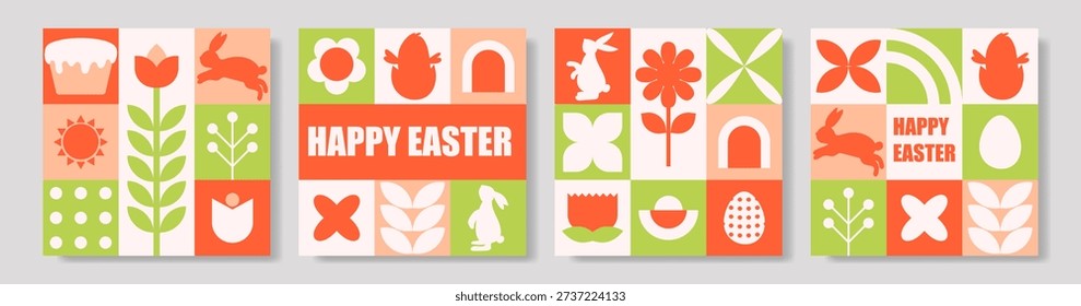 Playful pastel easter tile collage featuring geometric icons bunny egg flower cake square panels cheerful retro palette designed for greeting card use and seasonal decor