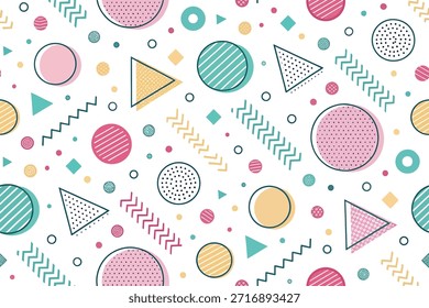 Un patrón geométrico alegre y pastel con círculos, triángulos, rayas en zigzag y texturas punteadas. Ideal como fondo decorativo para diseños, presentaciones e imágenes de archivo que buscan un ambiente brillante y de inspiración retro.