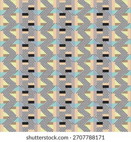 Playful Pastel Geometric Pattern with Retro Shapes, Soft Color Blocks, and Repeating Abstract Diamond Motifs in a Light, Vintage-Inspired Optical Art Design Used for wallpaper, backgrounds, textiles.