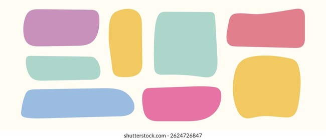 Playful pastel tag elements. Hand Drawn irregular rectangular shapes for labeling, planners, digital scrapbooking, crafts, text box, message quote frame, highlighting