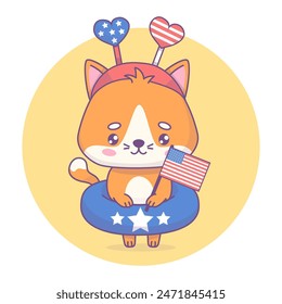 Playful patriotic cat with rubber circle and American flag. Funny holiday Independence Day cartoon kawaii character. Beach or pool party. Vector illustration