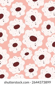 Playful pattern with abstract creamy flowers on a soft pink background.