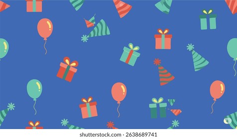 A playful pattern of birthday-themed icons in red and green are against a blue background.