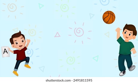 Playful kids’ pattern with boys playing and having fun on a light blue background. One boy is holding an “A” paper, while another boy is playing with a basketball.