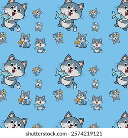 Playful Pattern of Cartoon Cats with Fish on Blue Background