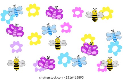 playful pattern of cartoon insects like ladybugs, butterflies, caterpillars, ants, dragonflies, and bees, surrounded by colorful flowers. The cheerful design is ideal for children's materials or decor