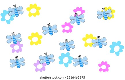 padrão brincalhão de insetos animados como joaninhas, borboletas, lagartas, formigas, libélulas e abelhas, cercados por flores coloridas. O design alegre é ideal para materiais ou decoração de crianças