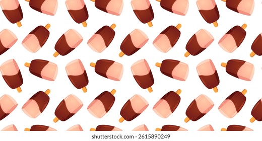 Playful pattern of chocolate-dipped ice cream bars with popsicle sticks. Sweet, colorful design ideal for summer-themed products, packaging, and fun illustrations.