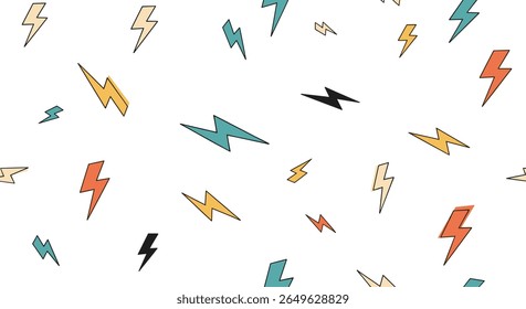A playful pattern of colorful lightning bolts in various sizes and styles against a clean white background