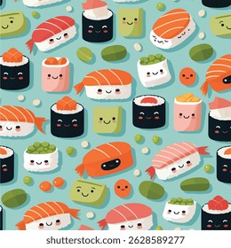 A playful pattern of colorful sushi, wasabi, and garnishes with smiling faces on a light blue background.