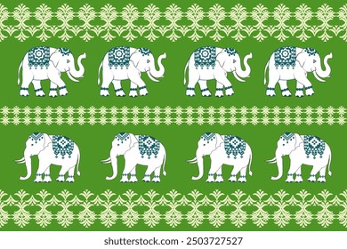 Playful Pattern of elephants,seamless, damask pattern,thai pattern, traditional ethnic, floral, fabric pattern for textiles,wallpaper, clothing, sarong, batik, wrapping, embroidery, print, background,