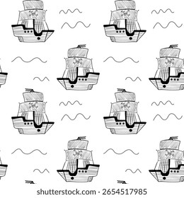 A playful pattern features cartoon-style pirate ships navigating the ocean. Each ship has a flag and a smiling face, surrounded by wavy lines representing gentle waves.