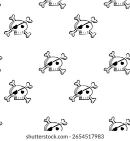 A playful pattern features cartoon-style skulls with crossbones and eye patches repeated across a clean white background. Ideal for themed projects, fabrics, and more.