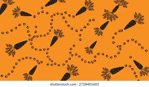 Playful pattern featuring black silhouettes of carrots and rows of animal paw prints on a bright orange background.