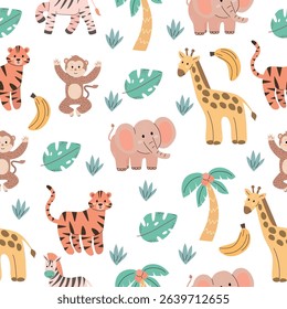 A playful pattern featuring cartoon animals including a monkey, elephant, giraffe, and tigers among tropical leaves and bananas. Bright and colorful design.