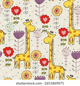 A playful pattern featuring cartoon giraffes and colorful flower