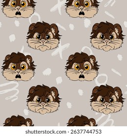 A playful pattern featuring cartoon lion faces with brown fur and expressive eyes on a light gray background. The design is whimsical and suitable for children's products.