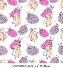 A playful pattern featuring cartoon mice holding clusters of grapes in various shades of purple and pink. The background is white, creating a cheerful and whimsical design.