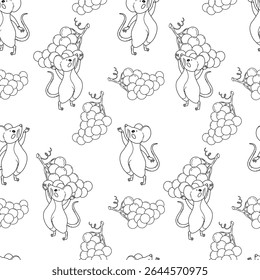 A playful pattern featuring cartoon mice holding bunches of grapes. The background is white fun and whimsical design. Vector illustration