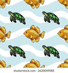A playful pattern featuring colorful goldfish and green turtles swimming against a light blue background with wavy white lines.