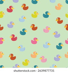 A playful pattern featuring colorful rubber ducks against a soft green background. The design evokes a sense of fun and nostalgia, making it perfect for children's decor or playful projects.